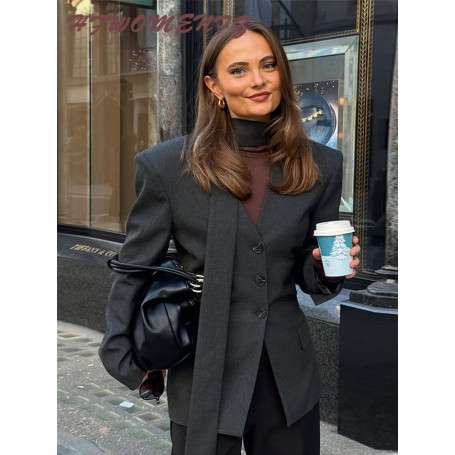 Elegant Slim Women Blazer Coat Spring V-neck With Scarf Long Sleeve Single-breasted Female Coats 2026 Shoulder Pad Lady Outwear