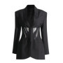 New Fashion Fishbone Waist Mesh Patchwork Design Woman Suit Jackets Y2K High Street See-through Sexy Turn-down Collar Coat