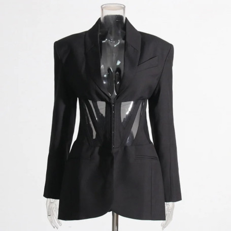 New Fashion Fishbone Waist Mesh Patchwork Design Woman Suit Jackets Y2K High Street See-through Sexy Turn-down Collar Coat