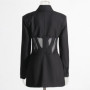 New Fashion Fishbone Waist Mesh Patchwork Design Woman Suit Jackets Y2K High Street See-through Sexy Turn-down Collar Coat