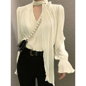 Pleated Elegant Long sleeve Blouse With Ties Women Luxury Ruffle V neck Basic Top Casual Oversize Lady Office Wear Korean Chic