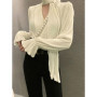 Pleated Elegant Long sleeve Blouse With Ties Women Luxury Ruffle V neck Basic Top Casual Oversize Lady Office Wear Korean Chic