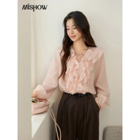 MISHOW Pink Ruffled Blouse for Woman 2025 Autumn New Elegant Sweet V-neck Lace-up Design Shirt Lantern Sleeves Top MXE49X2504
