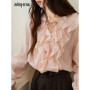 MISHOW Pink Ruffled Blouse for Woman 2025 Autumn New Elegant Sweet V-neck Lace-up Design Shirt Lantern Sleeves Top MXE49X2504