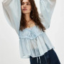 Ruffle Shirt Flowy Lace Long Sleeve Front Tie Chiffon Top Boho Embroidered Peasant Blouse Summer Bow Tie Front Tops for Women