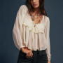 Ruffle Shirt Flowy Lace Long Sleeve Front Tie Chiffon Top Boho Embroidered Peasant Blouse Summer Bow Tie Front Tops for Women