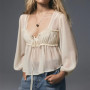 Ruffle Shirt Flowy Lace Long Sleeve Front Tie Chiffon Top Boho Embroidered Peasant Blouse Summer Bow Tie Front Tops for Women