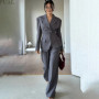 PUAL Women's Grey Tailored Blazer Set Notched Lapel Waist Cinched Blazer & Wide Leg Pants Two Piece Suit Office Lady Outfit