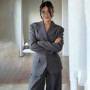 PUAL Women's Grey Tailored Blazer Set Notched Lapel Waist Cinched Blazer & Wide Leg Pants Two Piece Suit Office Lady Outfit