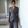 PUAL Women's Grey Tailored Blazer Set Notched Lapel Waist Cinched Blazer & Wide Leg Pants Two Piece Suit Office Lady Outfit