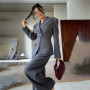 PUAL Women's Grey Tailored Blazer Set Notched Lapel Waist Cinched Blazer & Wide Leg Pants Two Piece Suit Office Lady Outfit