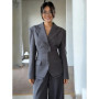 PUAL Women's Grey Tailored Blazer Set Notched Lapel Waist Cinched Blazer & Wide Leg Pants Two Piece Suit Office Lady Outfit