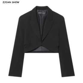 Spring Autumn Notched Collar Open stitching Cropped Blazer Black Fashion Women Long Sleeve High Waist Suits Fashion Outerwear