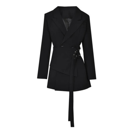 MYMX Spring Autumn Black Patchwork Waistband Blazer For Women Lapel Loose Long Sleeves Suit Jacket New