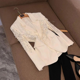 2025 Fashion Solid Sequined Embroidery Beading Lady Party Wear Notched Long Sleeve Blazer for Women