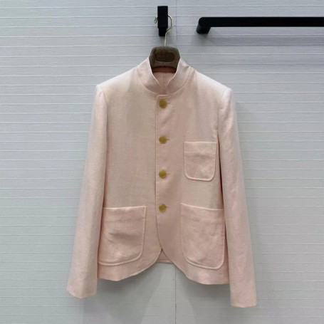 Old Money Style New Spring 100 Linen Pink Blazer Suit Women Stand Collar Long Sleeve Single Breasted Pockets Casual Jacket