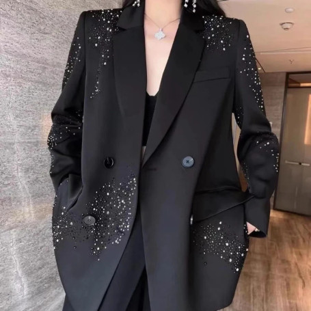 2024 Spring Autumn New Coat Suit Solid Color Popular Double Row Studded Diamond Sequin Loose Blazers