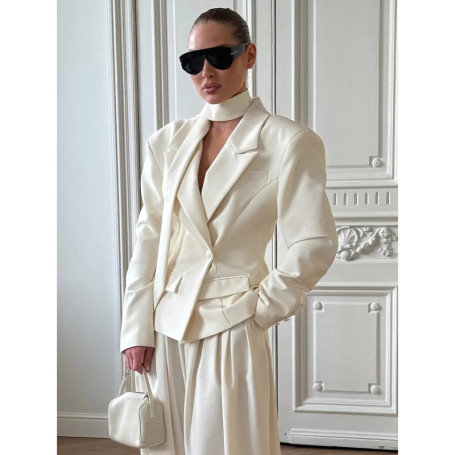 Wolfeel Women's Belted Neckline Tie Blazer Autumn Winter New Structured Shoulders Short Jacket Elegant Office Commuting Suits