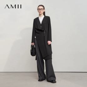 AMII Long Women's Jacket 2025 Autumn New V-neck Metal Chain Blazer Women Long Sleeves Elegance Versatile Blazer Ladies 12553052