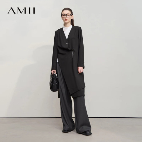 AMII Long Women's Jacket 2025 Autumn New V-neck Metal Chain Blazer Women Long Sleeves Elegance Versatile Blazer Ladies 12553052