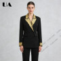 Women's Black Sequin-Embellished Double-Breasted Blazer with Gold Accents for Masquerade Ball Bold Stylish Dinner Suit Jacket