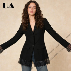 ULBYANRY - Lace Hem & Cuff Blazer, Black V Neck Slim Fit Suit Jacket for Women Office Party Evening Elegant Outfit