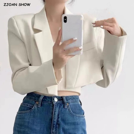 7 color Spring Autumn Lapel Collar Open stitching Cropped Blazer Women Long Sleeve High Waist Suits Fashion Outerwear