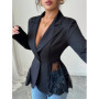 Women's Black Tailored Blazer with Lace Trim Peplum Hem Single Button Long Sleeve Elegant Jacket
