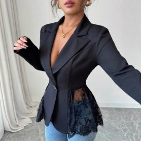 Women's Black Tailored Blazer with Lace Trim Peplum Hem Single Button Long Sleeve Elegant Jacket