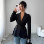 Women's Black Tailored Blazer with Lace Trim Peplum Hem Single Button Long Sleeve Elegant Jacket