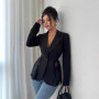 Women's Black Tailored Blazer with Lace Trim Peplum Hem Single Button Long Sleeve Elegant Jacket