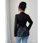Women's Black Tailored Blazer with Lace Trim Peplum Hem Single Button Long Sleeve Elegant Jacket