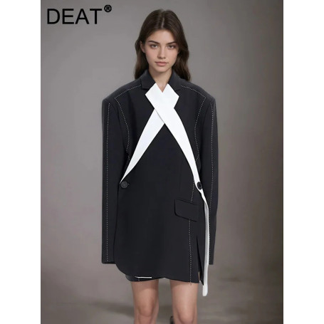 DEAT Fashion Contrast Color Patchwork Cross Open Line Blazer Women's Lapel Long Sleeves Suit Jacket Spring Autumn New