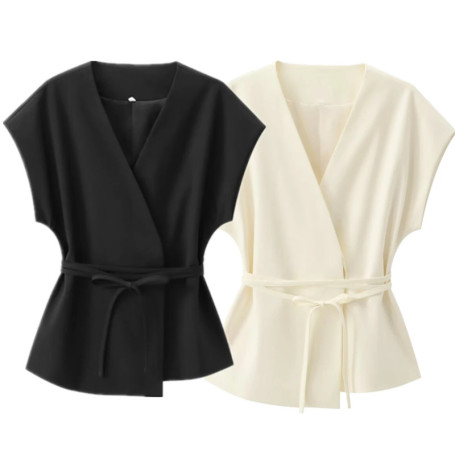 Maxdutti Sleeveless Suit Solid Color Jacket With Sashes French Minimalist Blazer Women