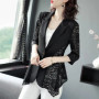 Thin Spring Summer Solid Long Blazer Patchwork Hollow Out Lace Button V-neck Office Lady Formal Casual Fashion Women's Clothing