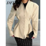 DFDG Women's Spring Summer Mandarin Collar Single Breasted Ruched Blazer Casual Office Date 2026 Trendy Feminine Fashion Blazer