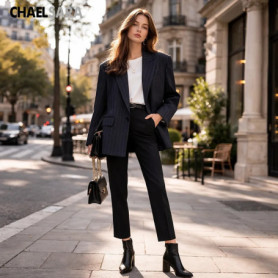 High Quality 2026 New Women's Classic Dark Blue Stripes Loose Suit Office Lady Long Sleeve Female Blazers