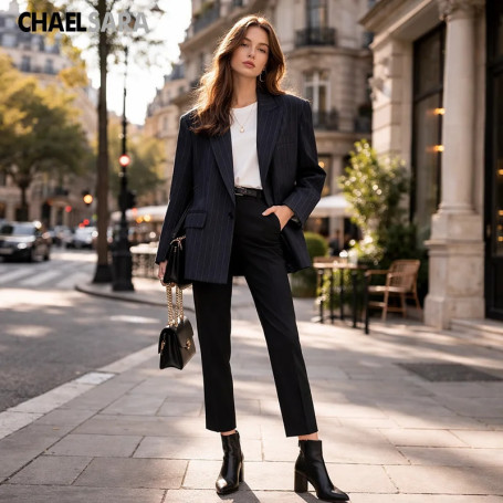 High Quality 2026 New Women's Classic Dark Blue Stripes Loose Suit Office Lady Long Sleeve Female Blazers