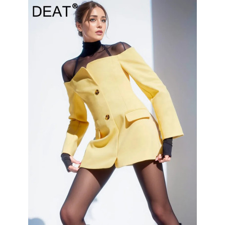 DEAT Fashion Women's Blazer Slash Neck Single Breasted Pockets Patchwork Yellow Slim Suit Jakcets Autumn 2025 New Tide CPDB021