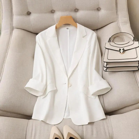 Women's Clothing Korean Style White Blazer Summer Loose Fit Waist Slimming Elegant Office Casual Comfortable New