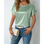 Womens Short Sleeve Satin Shirt Loose Chiffon Top