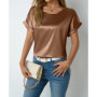 Womens Short Sleeve Satin Shirt Loose Chiffon Top