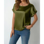 Womens Short Sleeve Satin Shirt Loose Chiffon Top