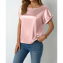 Womens Short Sleeve Satin Shirt Loose Chiffon Top