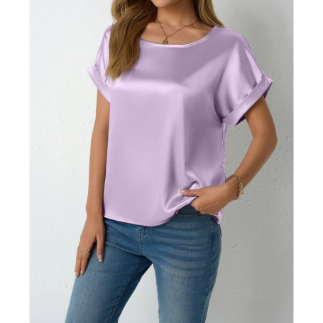 Womens Short Sleeve Satin Shirt Loose Chiffon Top