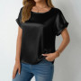 Womens Short Sleeve Satin Shirt Loose Chiffon Top