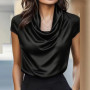 Elegant Women's Satin Shirt Pile Neck Short Sleeve Women T-Shirts Fashion Lady Office Tops Loose Tee Summer Women Silk Shirts