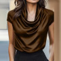 Elegant Women's Satin Shirt Pile Neck Short Sleeve Women T-Shirts Fashion Lady Office Tops Loose Tee Summer Women Silk Shirts