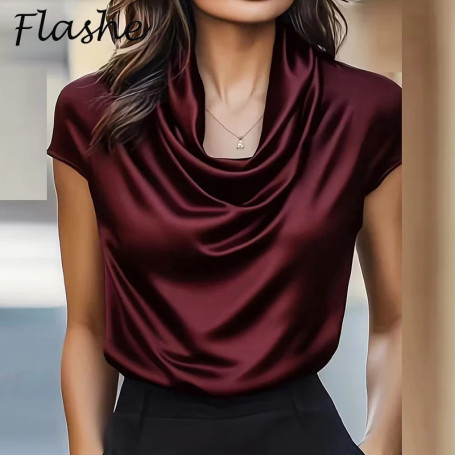 Elegant Women's Satin Shirt Pile Neck Short Sleeve Women T-Shirts Fashion Lady Office Tops Loose Tee Summer Women Silk Shirts