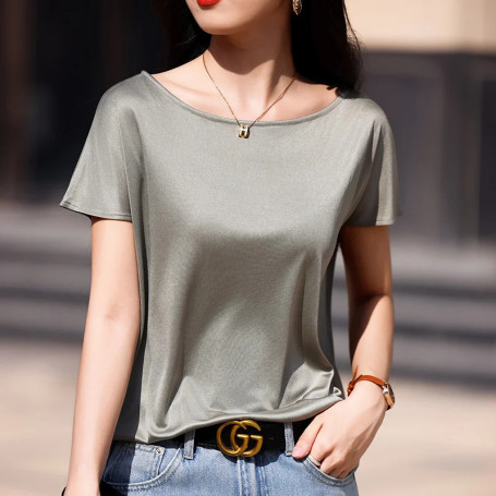 Summer women's acetate T-shirt casual solid color pullover short sleeved loose one neck Tees Pull On satin vest Tops
